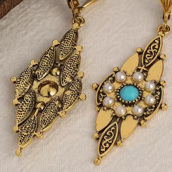 Victorian Gold Filigree Drop Earrings with Turquoise & Pearl Accents - Picture 5 of 6